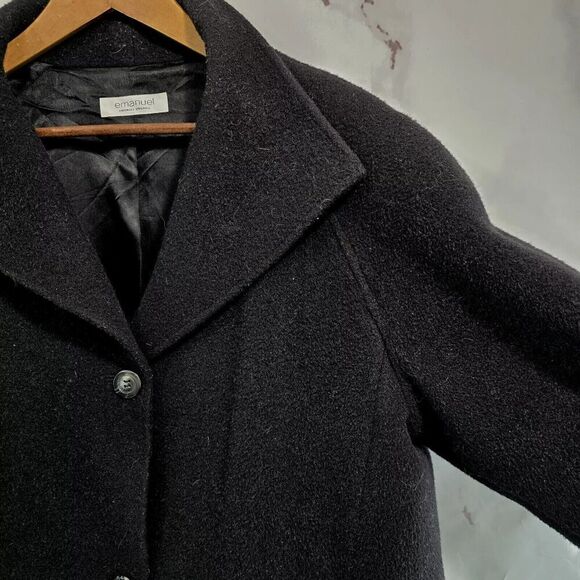 Emanuel Ungaro Coat Women Large 14 Black Wool Blend Pea Funnel Mock Neck Button - Picture 12 of 15